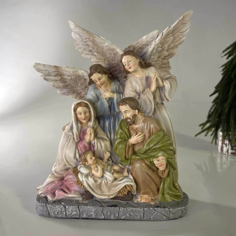 Sagrada Família Colorida com Dois Anjos Protetores 26 cm