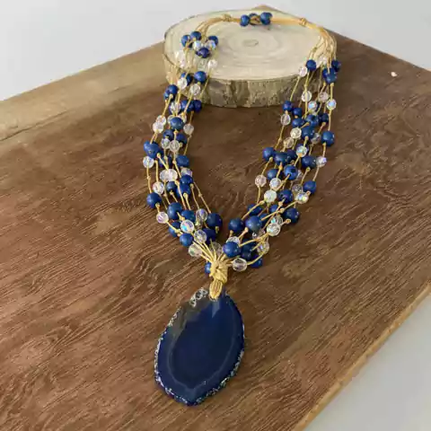 Acessório Azul com Pingente de Pedra Natural Colar