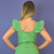 Mulher de costas usando vestido verde oliva com alças largas e babados nos ombros