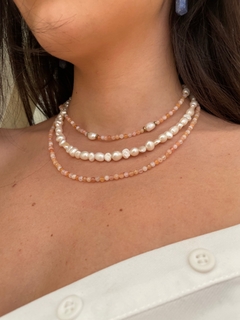 Choker Pedra do sol com pérola e hematita- prata 925 - comprar online