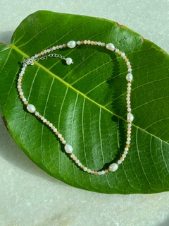 Choker Pedra do sol com pérola e hematita- prata 925