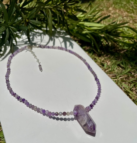 Colar ponta cristal ametista - prata 925