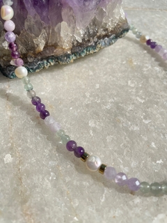 Choker pérola com ametista e fluorita - Prata 925 na internet