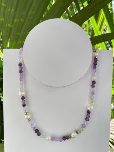 Choker pérola com ametista e fluorita - Prata 925