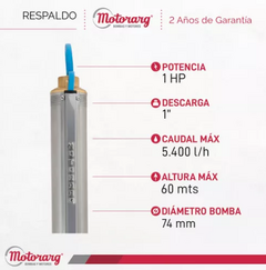 Bomba Sumergible Motorarg 3 Pulgadas 1Hp con Cable (Perforaciones 90mm) Micra 305 - Hidropilar - Bombas Pileta Riego