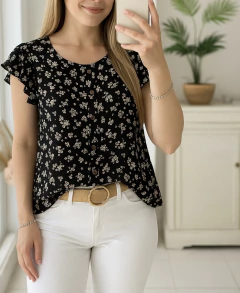 Blusa de lino elastizado floreada con botones - tienda online