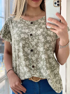 Blusa de lino elastizado floreada con botones - comprar online