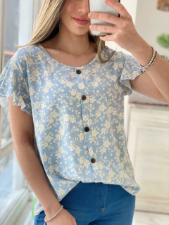 Blusa de lino elastizado floreada con botones en internet