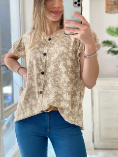 Blusa de lino elastizado floreada con botones - Maria Cruz