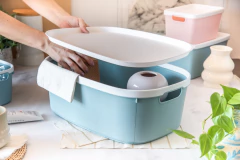 CANASTO ORGANIZ.PLAST C/TAPA 45X32X26CM CELESTE - comprar online