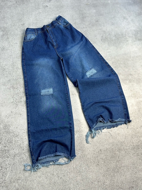 Jean WIDE LEG DESFLECADO ROTURAS azul con elástico atrás -rigido- ✧