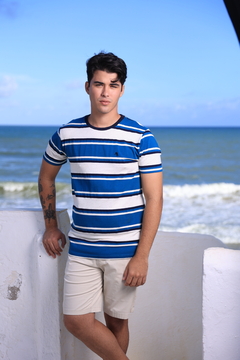 Camiseta Gola Careca Listrada Azul 1150