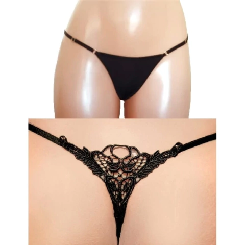 Tanga hilo de microfibra negra con detalles de guipiur en la parte trasera.