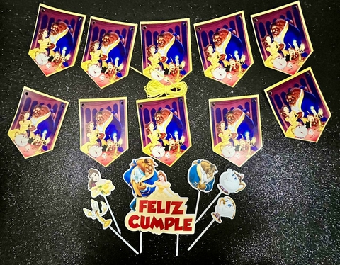 Set Toppers +Banderin PRINCESAS/ LA BELLA Y LA BESTIA