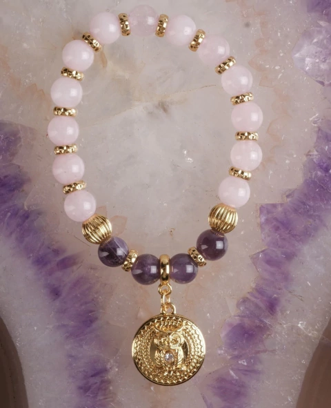 Pulseira Arquétipo da Coruja - Quartzo Rosa