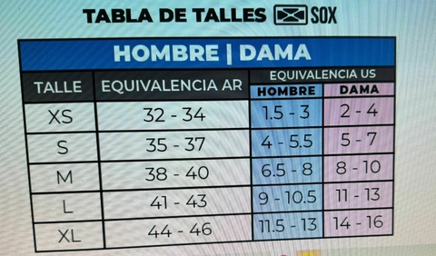 TABLA DE TALLES SOX