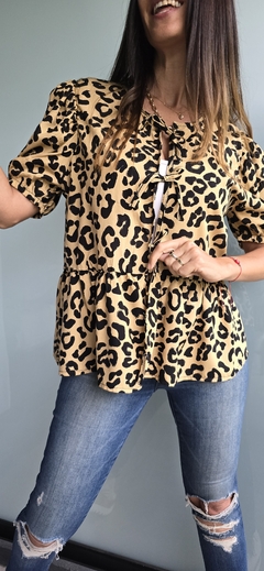 Blusa de fibrana manga corta con tiras para atar - tienda online