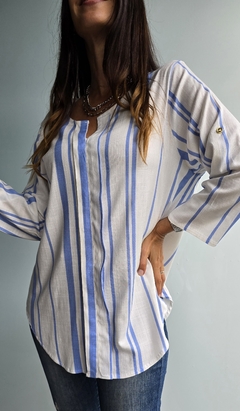 Blusa de lino con tablita rayada x talles - comprar online