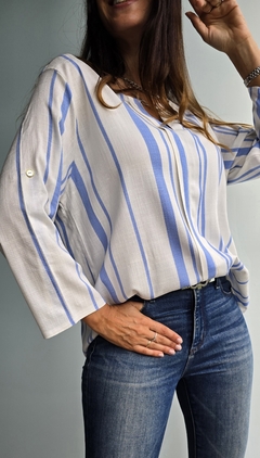 Blusa de lino con tablita rayada x talles