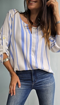 Blusa de lino con tablita rayada x talles - comprar online