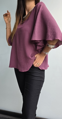 Blusa de cey mangas volado 3/4 con gota atras - tienda online