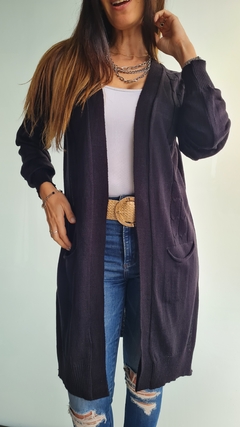 Saco largo con bolsillos y trenzado al frente de lana sintetica - comprar online
