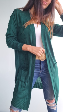 Saco largo con bolsillos y trenzado al frente de lana sintetica - comprar online