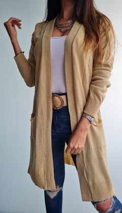 Saco largo con bolsillos y trenzado al frente de lana sintetica - tienda online
