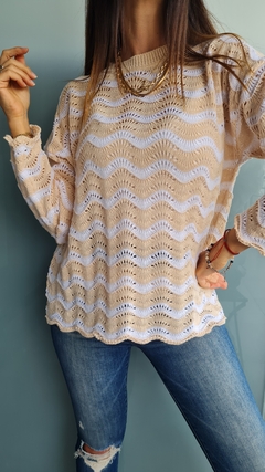 Sweater calado bicolor en hilo de algodón