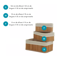 Cesto Organizador de Bambu com Forro Kit 3 Unidades Multiuso/7