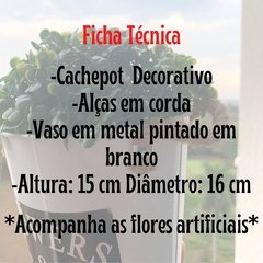 Kit Vaso Cachepot de Ferro com Alça de Palha e Planta Artificial 3 Und/6