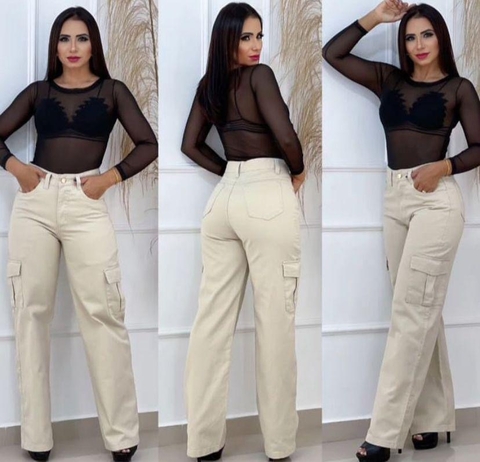 Calça Jeans Wide Leg Cargo Areia