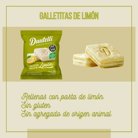 Galletita dulce rellena de limón vegana sin tacc x 35gr - Dantelli
