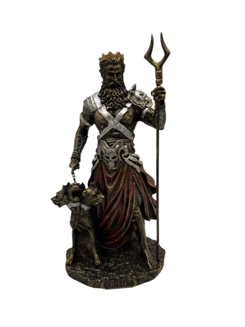 Estátua Hades Com Cérbero Deus Do Submundo Wicca Resina Dourado-escuro