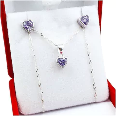 Conjunto Plata 925 Modelo Corazón Cubic Aros Cadena Dije - 3,3Grs -