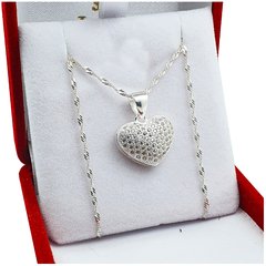 Conjunto Plata 925 Corazón Con Piedras + Cadena - 3,9 Grs -