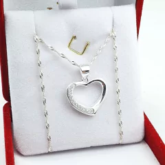 Conjunto Cadena Y Dije Plata 925 Corazón Piedras - 2,8Grs -