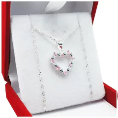 Conjunto Cadena Y Dije Corazón Con Piedras Cubic Rosas 2,6 Grs -