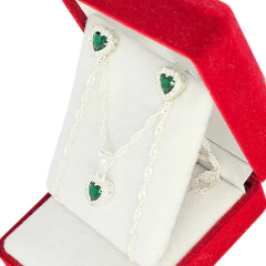 Conjunto Plata 925 Corazon Verde Aros Dije Cadena C1928 Verde Musgo - Joyas Center