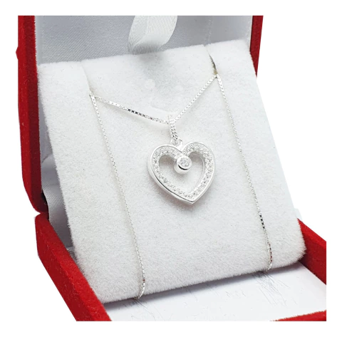 Conjunto Plata 925 Corazón Piedras + Cadena Veneciana 45 Cm - 3.4Grs -