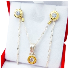 Conjunto Plata 925 y Oro 18K Cadena Singapur y Par de Aros y Dije Mediano Bvlgari
