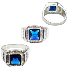 Anillo sello plata 925 con piedra cubic azul italiano C1111