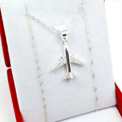 Conjunto Cadena Singapur Dije Avión Plata 925 Con Piedras - 3Grs