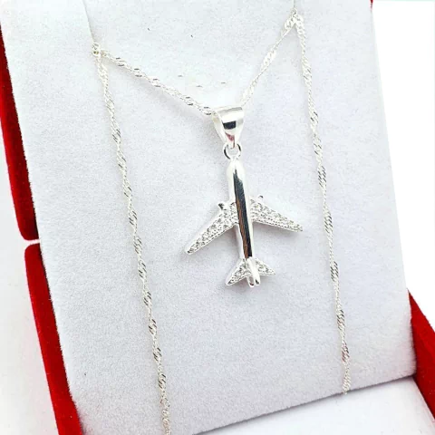 Conjunto Cadena Singapur Dije Avión Plata 925 Con Piedras - 3Grs