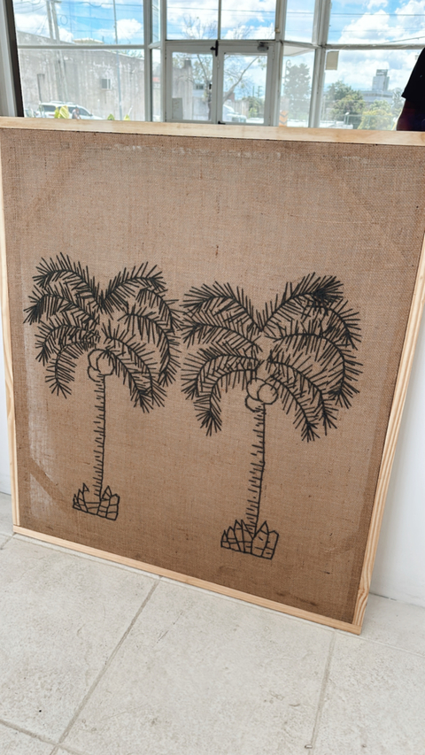 CUADRO PALMERAS GRIS OSCURO ARPILLERA COLOR YUTE - 100X90 CMS