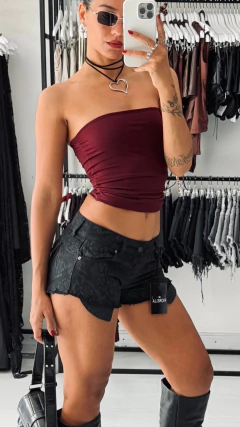 Short jeans print black tiro bajo 25614 - FIORELLA