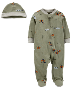 Carter's Set 2 Piezas Osito-Pijama Gorro Autitos