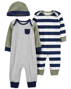 Carters Set 3 Piezas Osito-Pijama Gorro Rayas