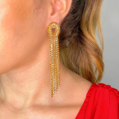 Brinco folheado strass dourado