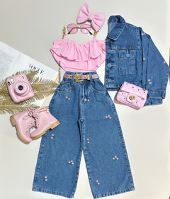 Conjunto jeans bordado jaqueta e calça Lara